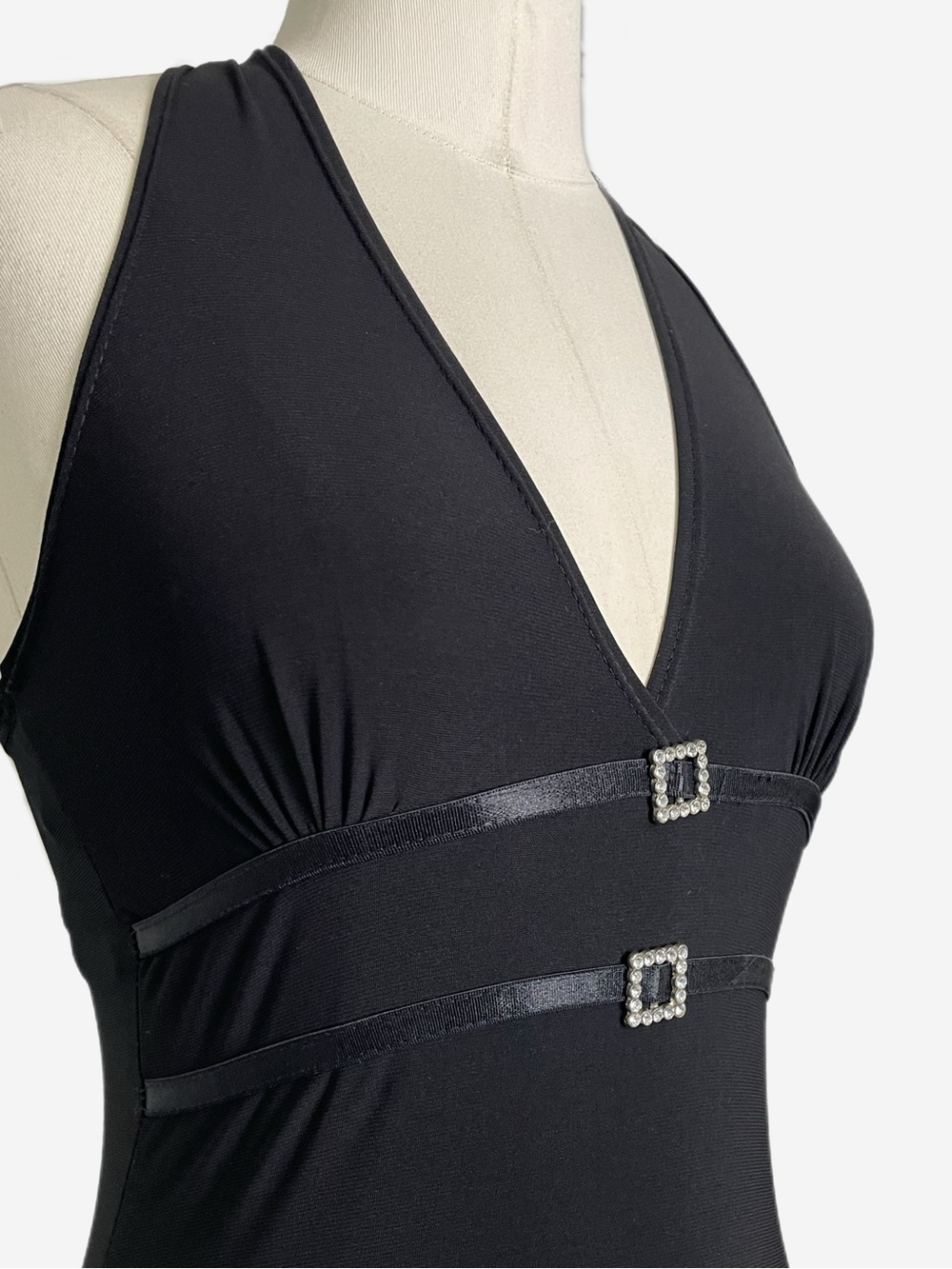 Vintage Y2K Carolina Black asymmetric halter rhinestone midi dress stretch XS - Picture 3 of 10